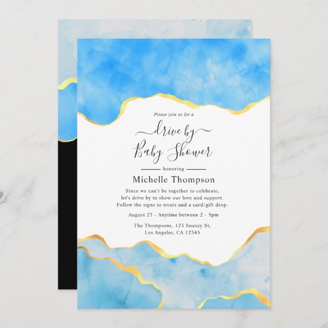 Convite Bebê Azul e Unidade de Agato Dourada por Chá (Frente/Verso)