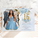 Convite Bebê Azul Floral Dourado Doce Dezesseis Foto de An<br><div class="desc">Personalize este elegante convite para fotos / fotos de aniversário do Sweet 16 floral, azul-bebê elegante, com a sua própria redação fácil e rápida. Basta clicar no botão Editar usando ferramentas de Design para editar o texto, o texto, o estilo da fonte, o tamanho da fonte, a cor da fonte,...</div>
