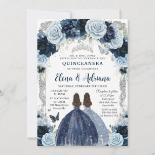 Convite Bebê Azul Floral Prata Gêmeas Quinceanera 16