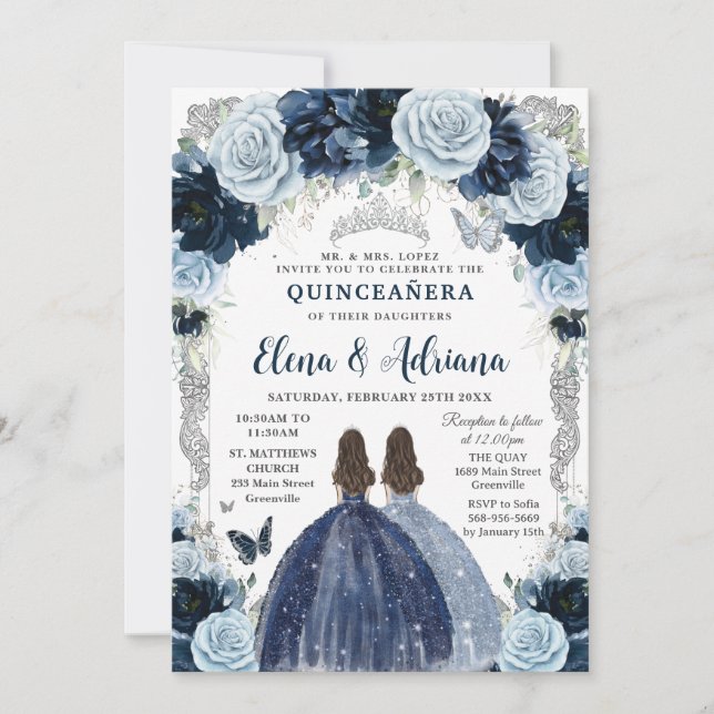 Convite Bebê Azul Floral Prata Gêmeas Quinceanera 16 (Frente)
