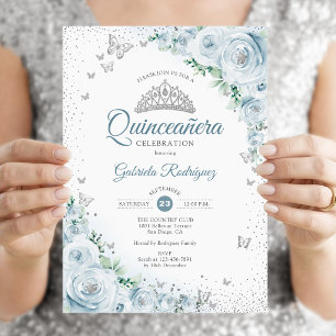 Convite Bebê Azul Floral Rosas de Aquarela Quinceanera