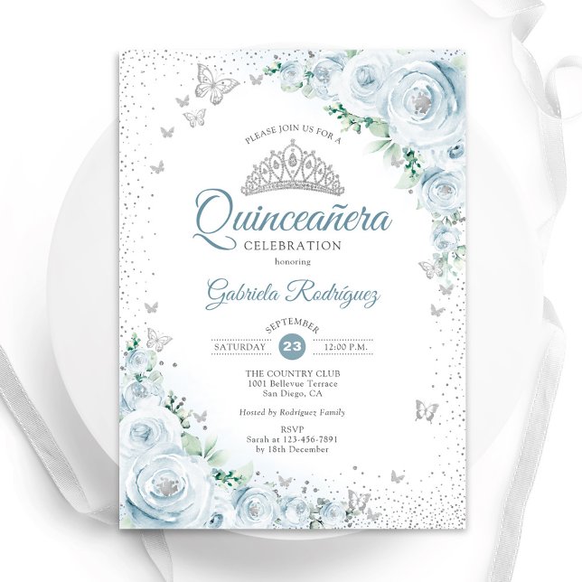 Convite Bebê Azul Floral Rosas de Aquarela Quinceanera (Criador carregado)