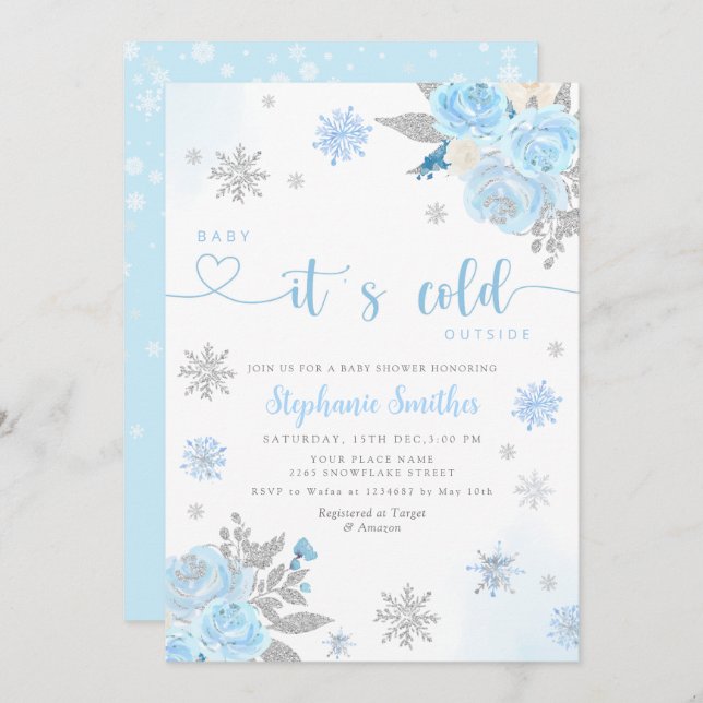 Convite Bebê azul-inverno Está frio fora do Chá de fraldas (Frente/Verso)