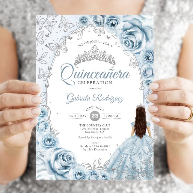 Convite Bebê Azul Prata Floral Quinceanera (Criador carregado)