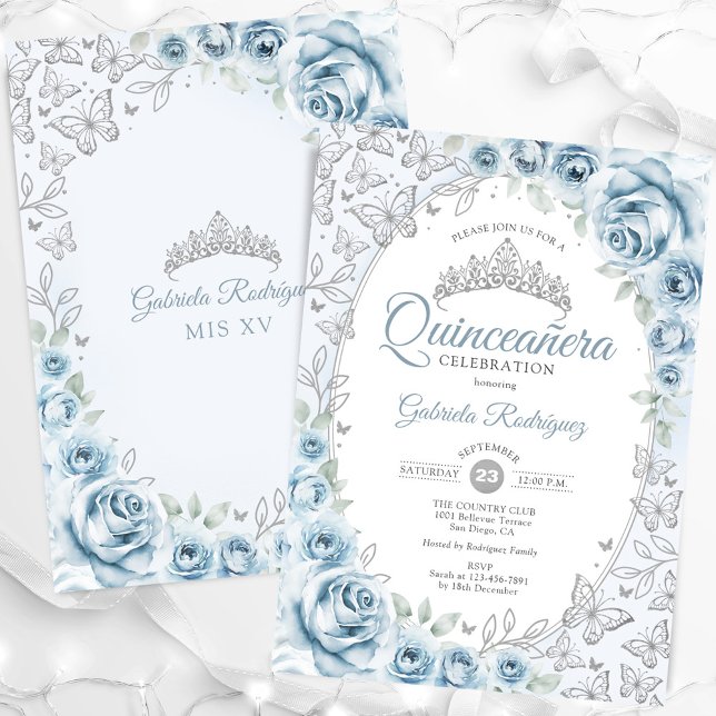 Convite Bebê Azul Silver Quinceanera (Criador carregado)