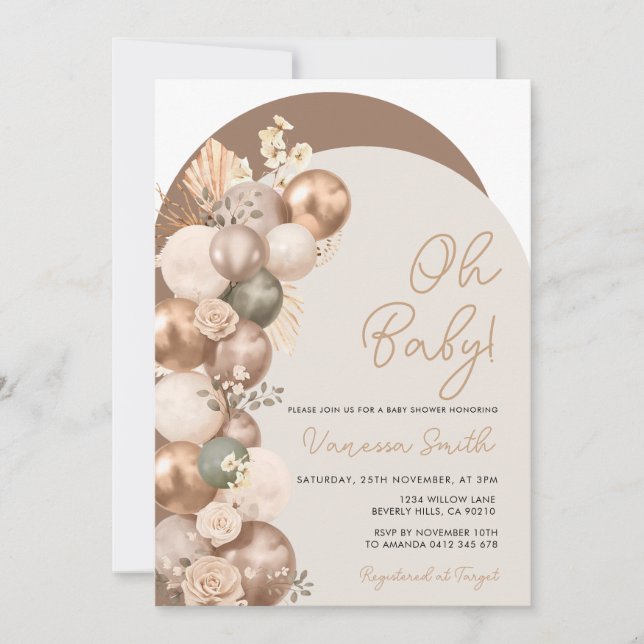 Convite Bebê balão champanhe dourado sage neutro aniversár (Frente)