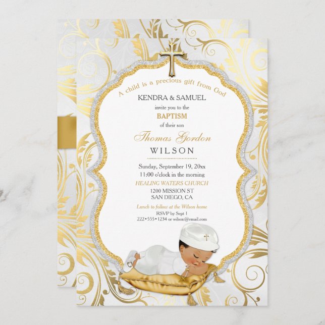 Convite Bebê-Bebê-Batismo Natal Dourado Cruz (Frente/Verso)