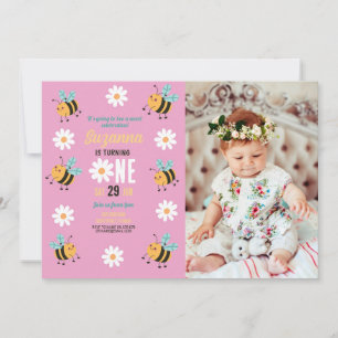 Convite Bebe Birthday Photo Party Flower Daisy Pink