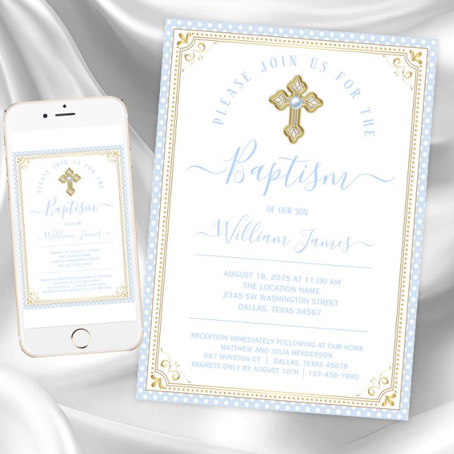 Convite Bebê Blue Dourado Boy Baptism (Baby blue gold baptism invitations. Instant download and printed invitations available.)