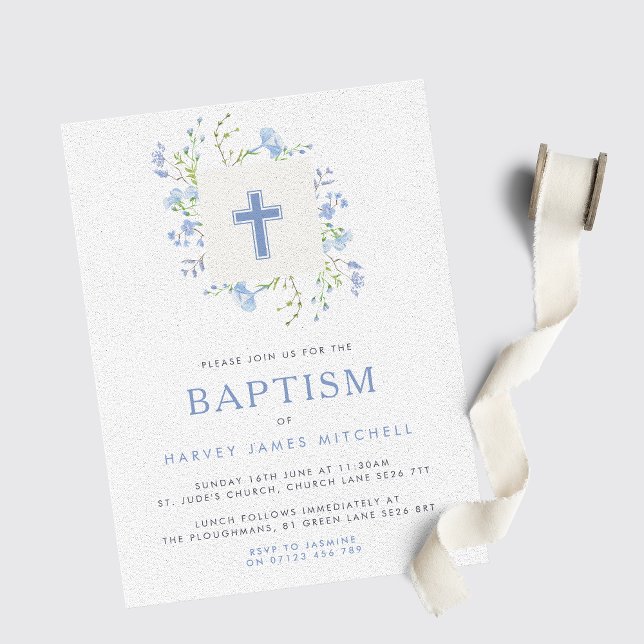 Convite Bebê Blue Floral Wreath & Cross Baptism (Criador carregado)