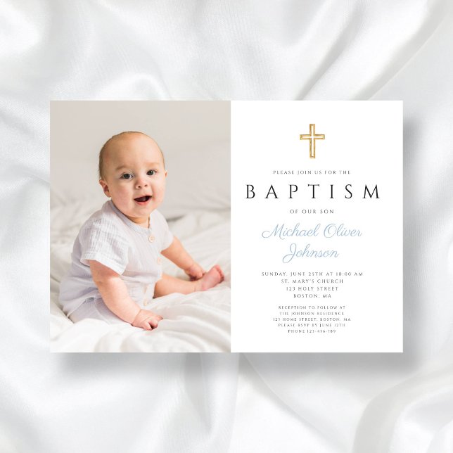 Convite Bebê Blue Script Cross Boy Foto Baptism (Baby Blue Script Cross Boy Photo Baptism Invitation)