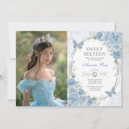Convite Bebê Blue Silver Butterfly Sweet 16 Foto de aniver