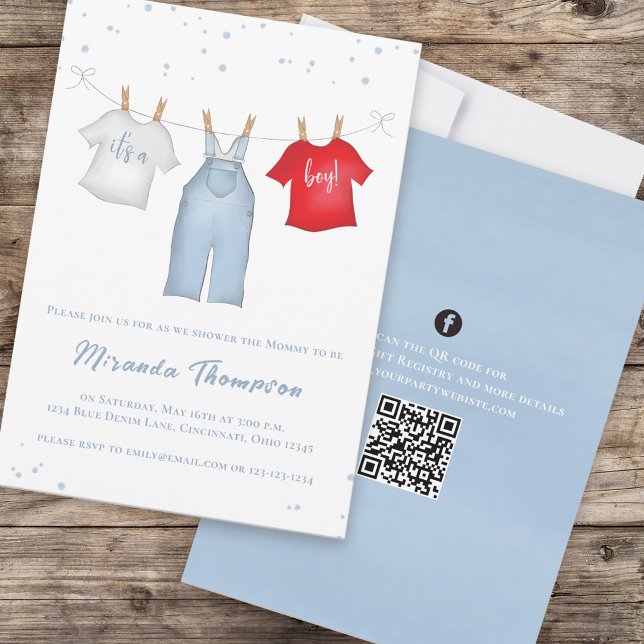 Convite Bebê Bonito Menino Caprichoso Código QR Azul Jeans (Criador carregado)