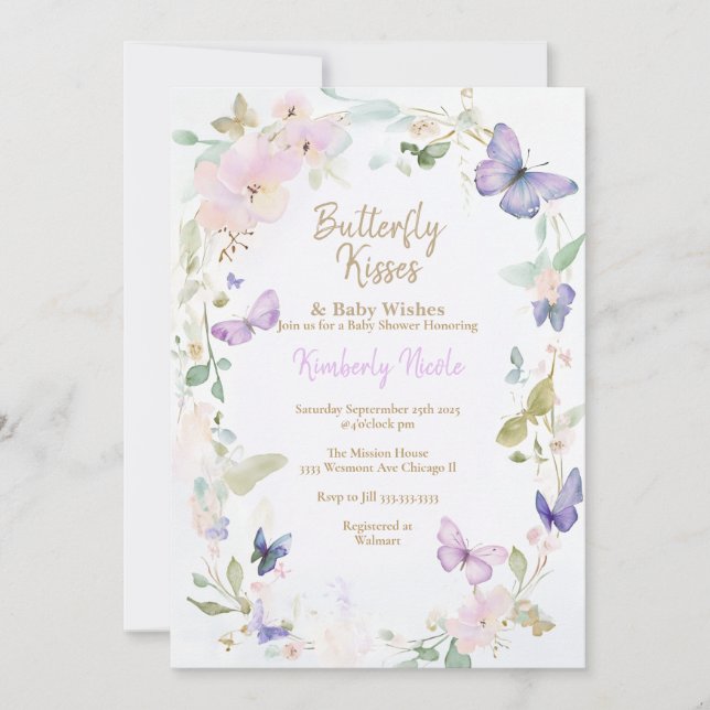 Convite Bebê borboletas roxas chá de fraldas (Frente)