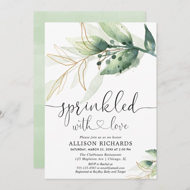 Convite Bebê borrifa verde-ouro neutro (Frente/Verso)