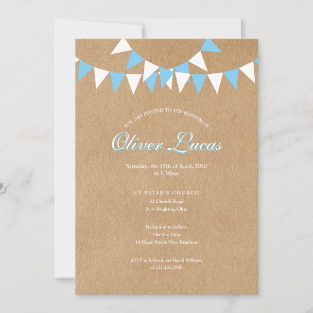Convite Bebê Bunting Blue Baptism Christening Rustic (Frente)
