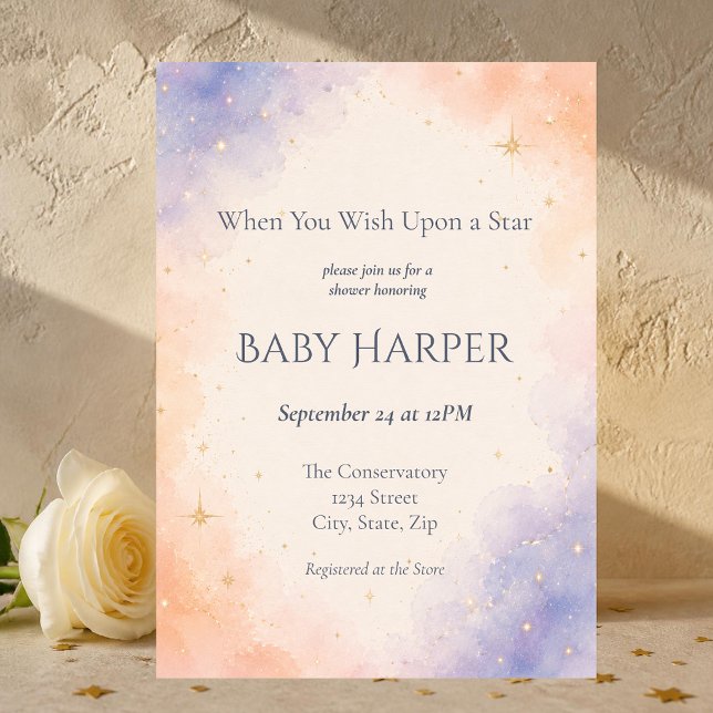 Convite Bebê Celestial com Estrelas Brilhantes em Rosa e P (Dreamy peach and periwinkle watercolor baby shower invitation sprinkled with tiny golden stars.)