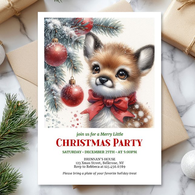 Convite Bebê cervo adorável floresta nevada aquarela aconc (Lovely baby deer snowy forest watercolor cozy winter Christmas invitation

)