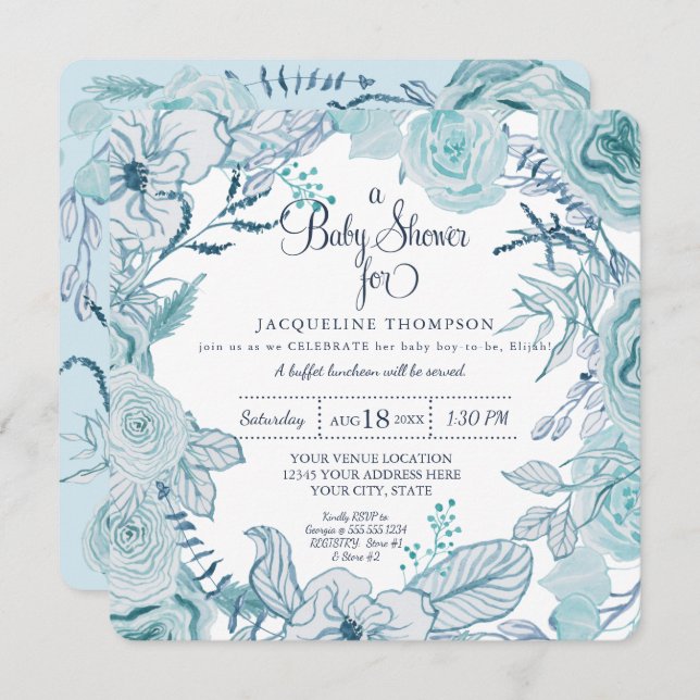 Convite Bebê Chá Azul Aquarela Folhagem Floral (Frente/Verso)