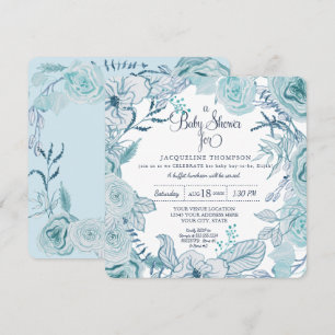 Convite Bebê Chá Azul Aquarela Folhagem Floral