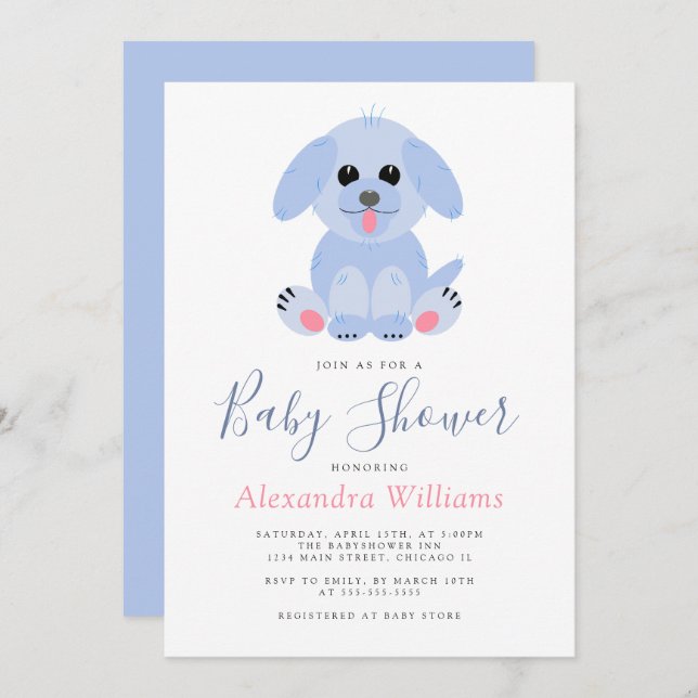 Convite Bebê Chá Blue Personalizado Puppy (Frente/Verso)