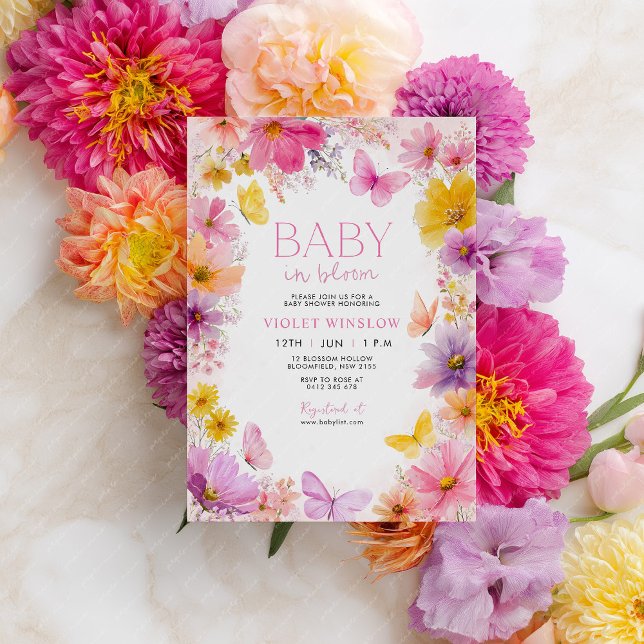 Convite Bebê chá de fraldas na borboleta borboleta rosa pú (Bright Floral Baby In Bloom Baby Shower Invitation in purple, pink, yellow and peach. )