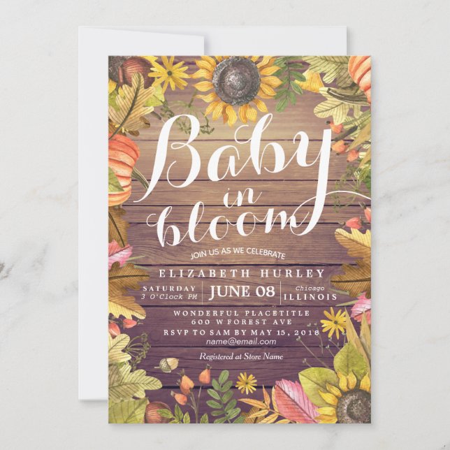 Convite Bebê chá de fraldas no Bloom Maple Pumpkin Sunflow (Frente)