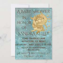 Convite Bebê-Chuveiro "Golfinhos/Mãe e Bebê Dourados"