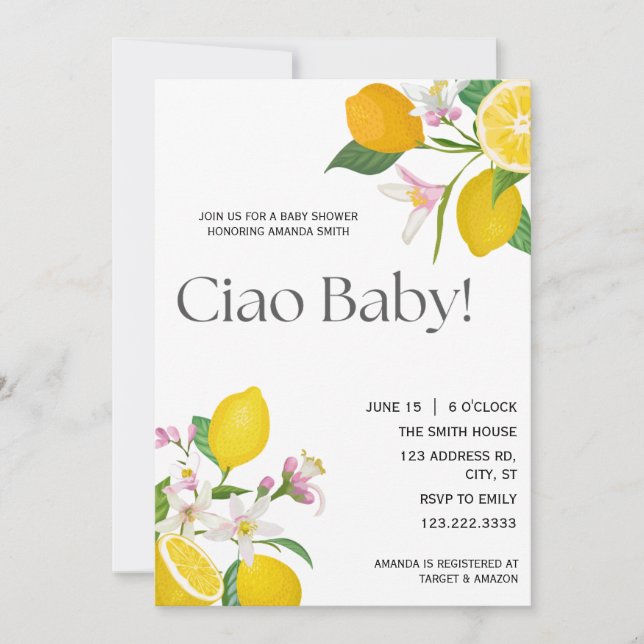 Convite "Bebê Ciao" Lindos Limões e Flores Italianos (Frente)