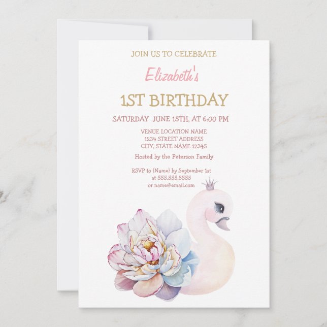 Convite Bebê Cisne Fofo Flor Listrada Aniversário   (Frente)