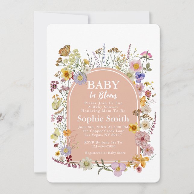 Convite Bebê com flor de flor selvagem rosa empoeirado (Frente)