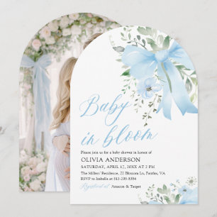 Convite Bebê com Laço Azul em Flor Baby Shower Arco Menino