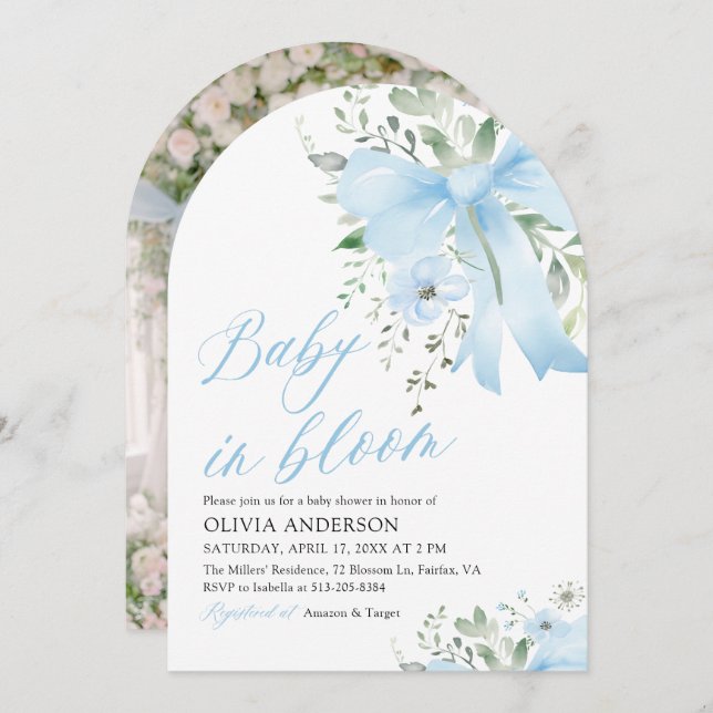 Convite Bebê com Laço Azul em Flor Baby Shower Arco Menino (Frente/Verso)