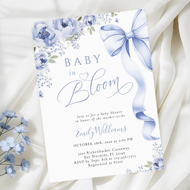 Convite Bebê com Laço Azul no Bebê em Flor Baby Shower (Criador carregado)