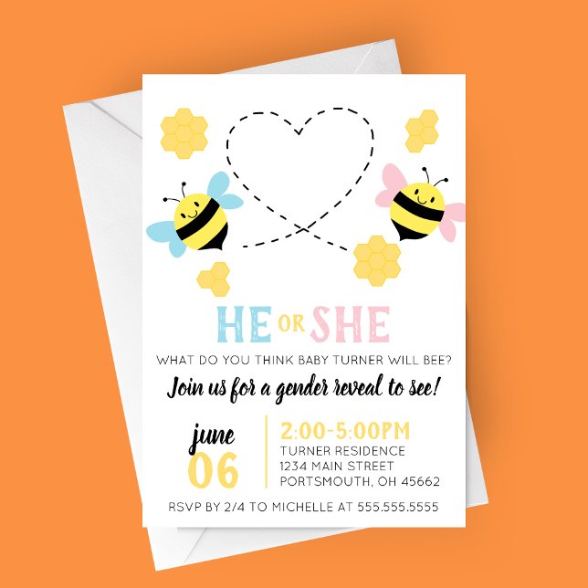 Convite Bebê Considerado Partido de Revolução de Gênero (He or She What Will Baby Bee? Bee Themed Summer Gender Reveal Party Invitation)