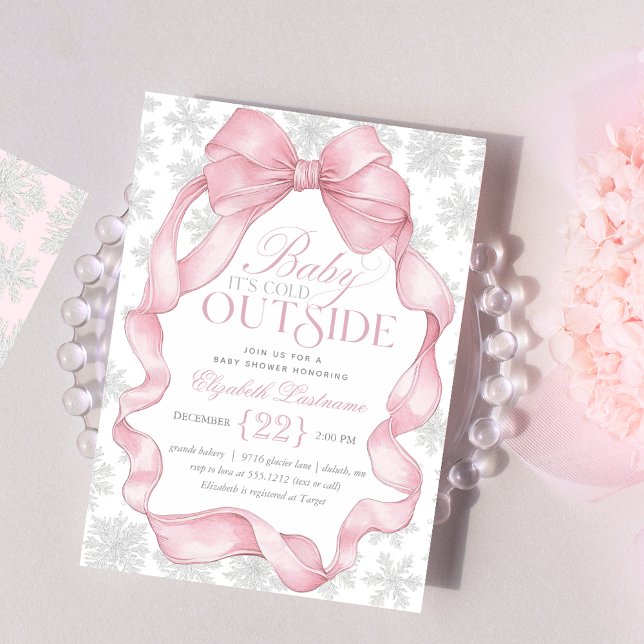 Convite Bebê coquete rosa É frio fora do Chá de fraldas (Celebrate in style with our Pink Coquette “Baby It’s Cold Outside” Baby Shower Invitation. )