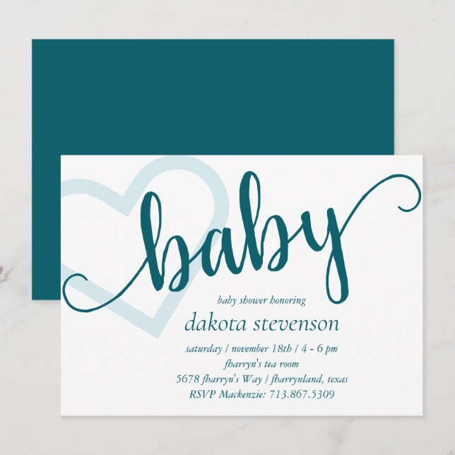 Convite Bebê Coração | Teal Dark Midnight Green Flourish (Frente/Verso)