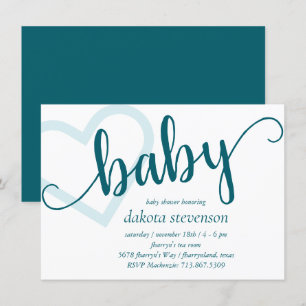 Convite Bebê Coração Teal Dark Midnight Green Flourish