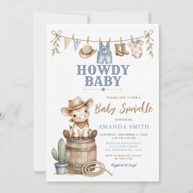 Convite Bebê Cowboy Bebê Howdy Sprinkle Fofo  (Frente)
