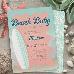 Convite Bebê da praia no Conselho Coral Mint Gingham Chá d