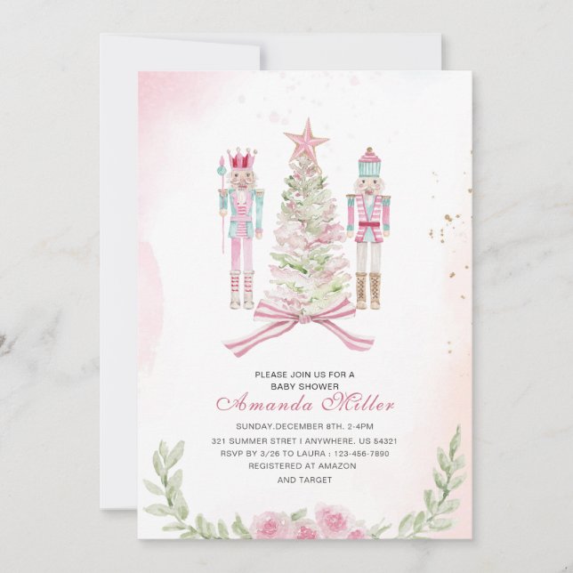 Convite Bebê dança de Natal Nutcracker Ballet Rosa aquarel (Frente)