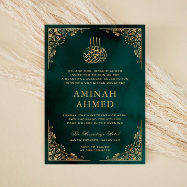 Convite Bebê de Aqiqa Aqeqa Islâmica Verde do Ornamentado  (Criador carregado)