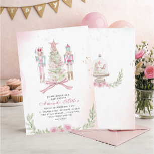 Convite Bebê de ballet quebra-nozes de Natal aquarela rosa