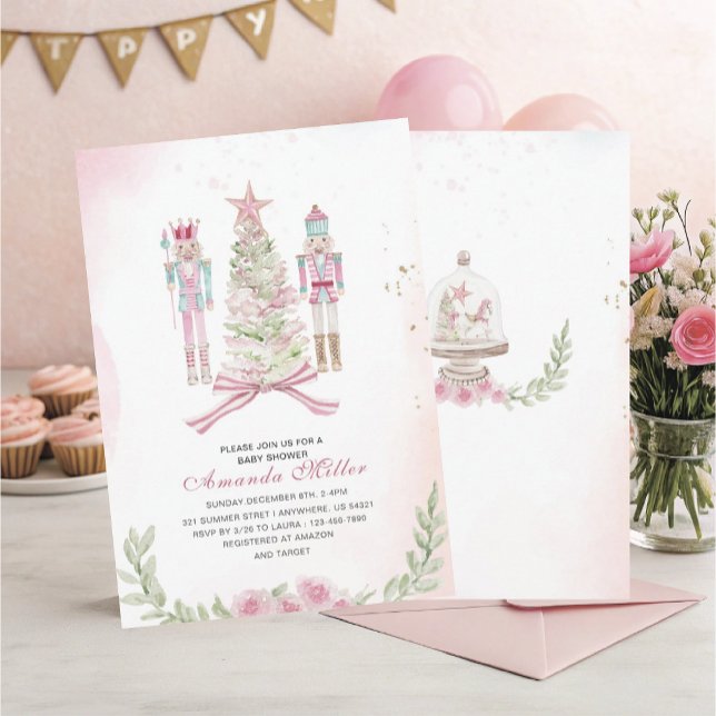 Convite Bebê de ballet quebra-nozes de Natal aquarela rosa (Criador carregado)