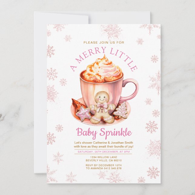 Convite Bebê de Biscoito de Natal com Floco de Neve Rosa (Frente)