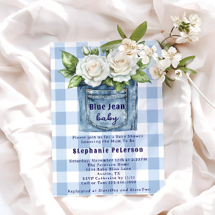 Convite Bebê de Blue Jean Floral Xadrez Menino Chá de Bebê