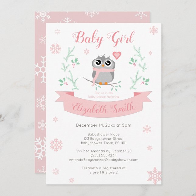 Convite Bebê de coruja bonita no inverno (Frente/Verso)