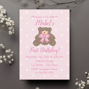 Convite Bebê de Fita Rosa Bonita Urso de Fita Primeiro An