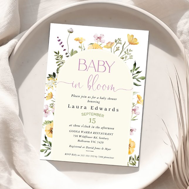 Convite Bebê de flor selvagem amarela russa no Chá de fral (Modern Gender Neutral Baby in Bloom Baby Shower Invitation, Wildflowers Baby Shower Invite, Floral )
