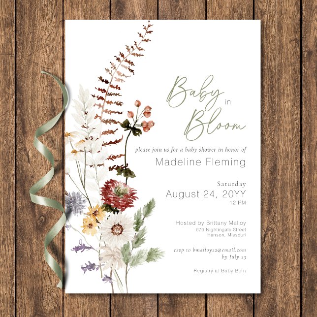 Convite Bebê De Flor Selvagem Em Chá de fraldas De Sangue (Boho Wildflower Baby In Bloom Baby Shower Invitation)